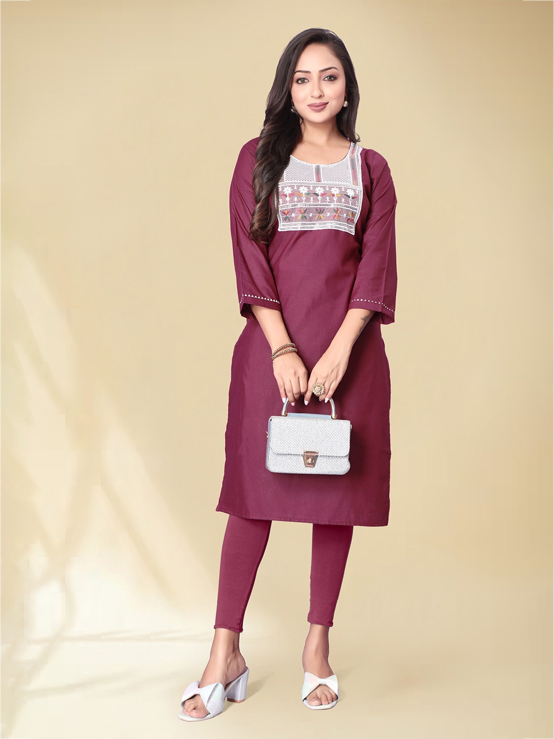 

Anouk Burgundy Ethnic Motifs Yoke Design Straight Kurta