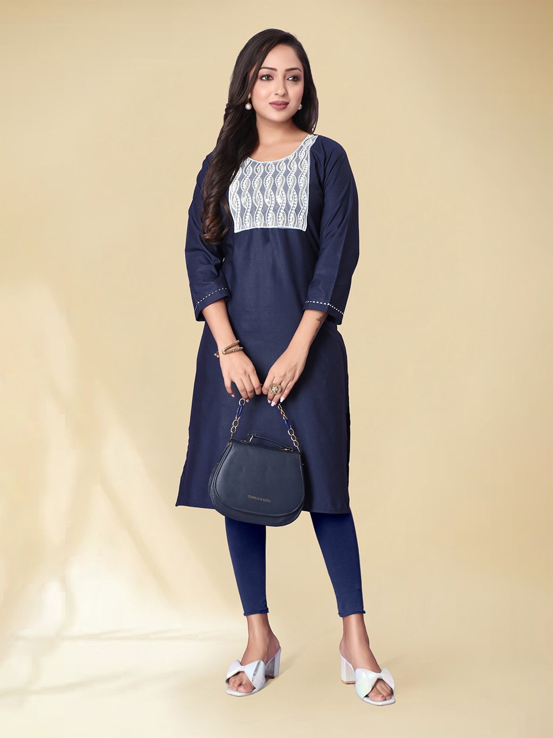 

Anouk Navy Blue Ethnic Motifs Yoke Design Straight Kurta