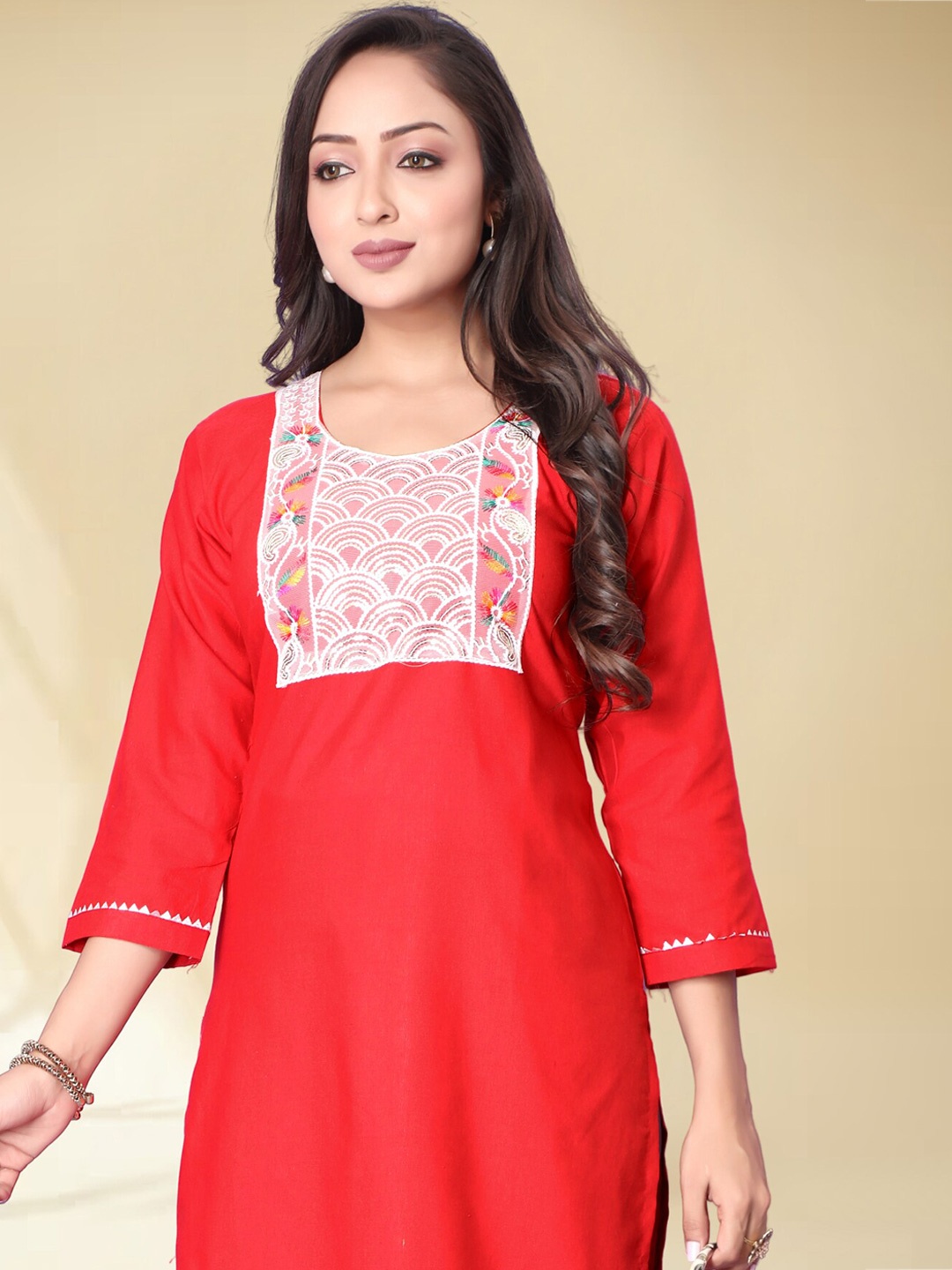 

Anouk Red Ethnic Motifs Yoke Design Thread Work Straight Kurta