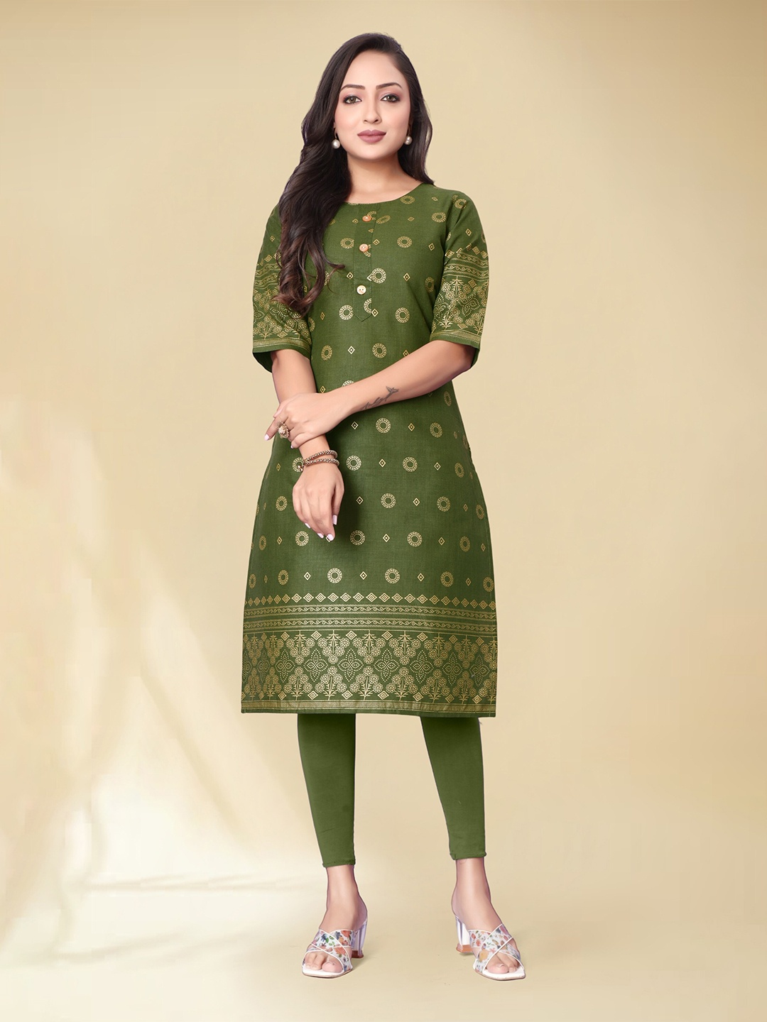 

Anouk Green Ethnic Motifs Printed Round Neck Straight Kurta