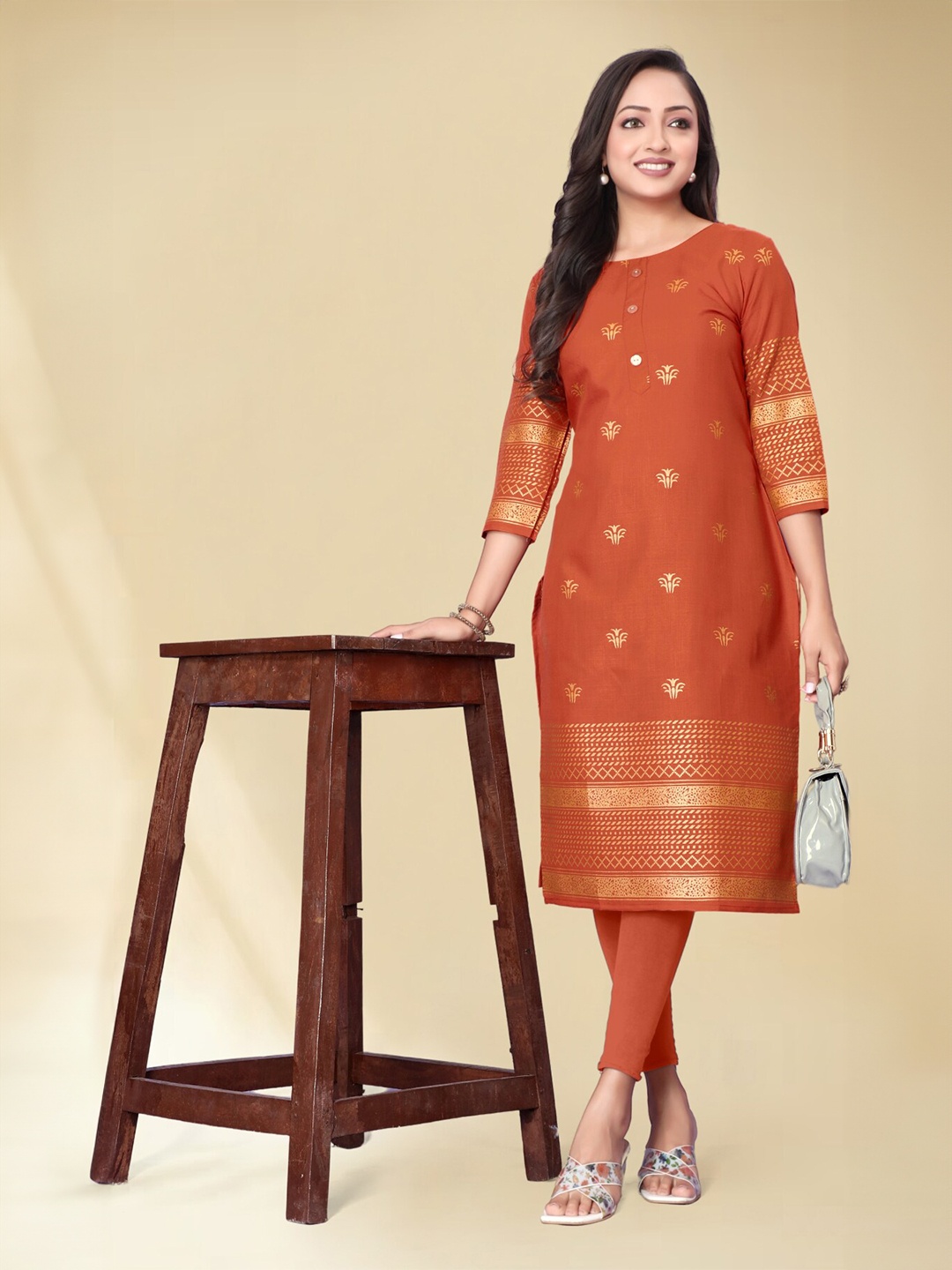 

Anouk Mustard Ethnic Motifs Printed Round Neck Straight Kurta