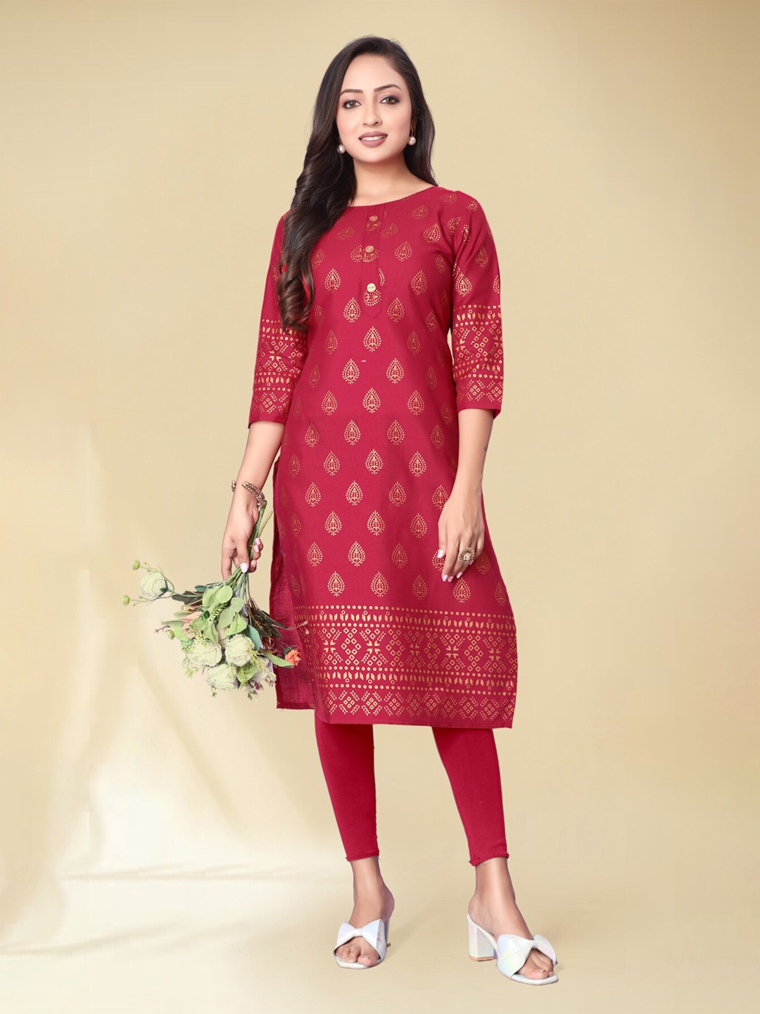 

Anouk Maroon Ethnic Motifs Printed Straight Kurta