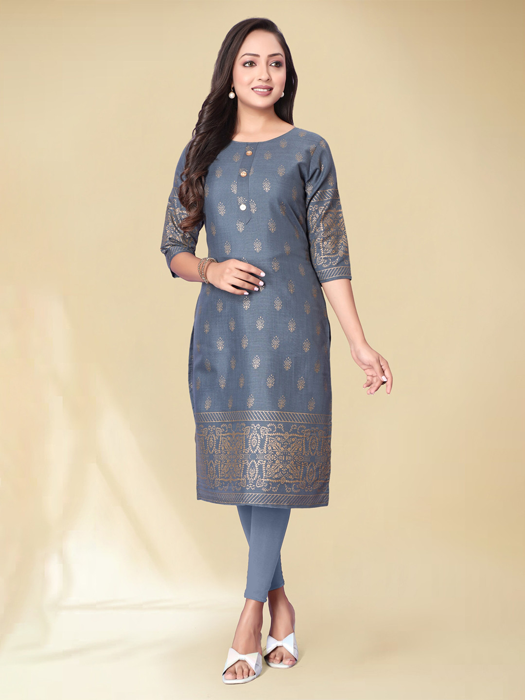 

Anouk Blue Ethnic Motifs Foil Printed Straight Kurta