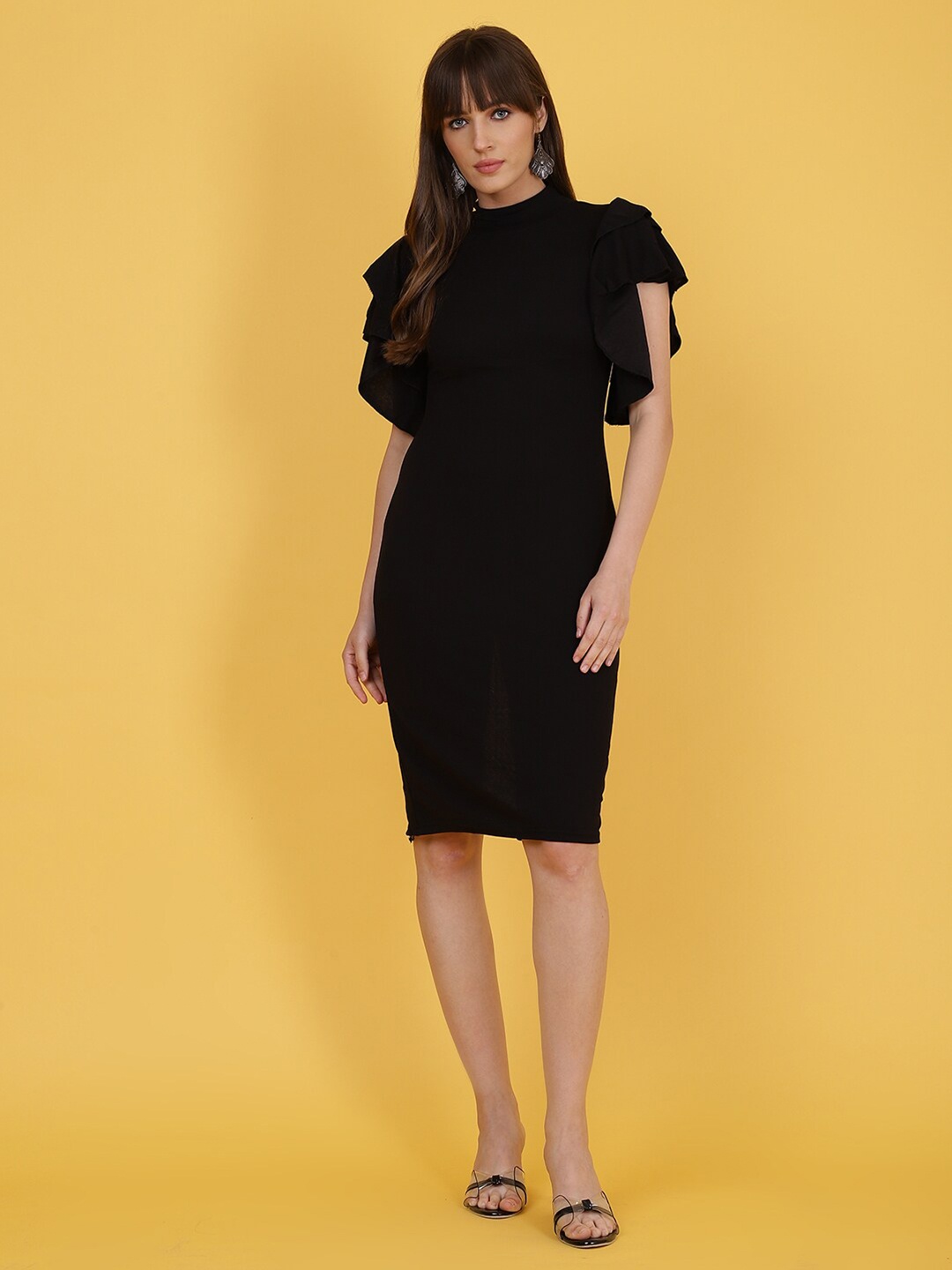 

Wool Trees Mock Neck Flutter Sleeve Sheath Dress, Black