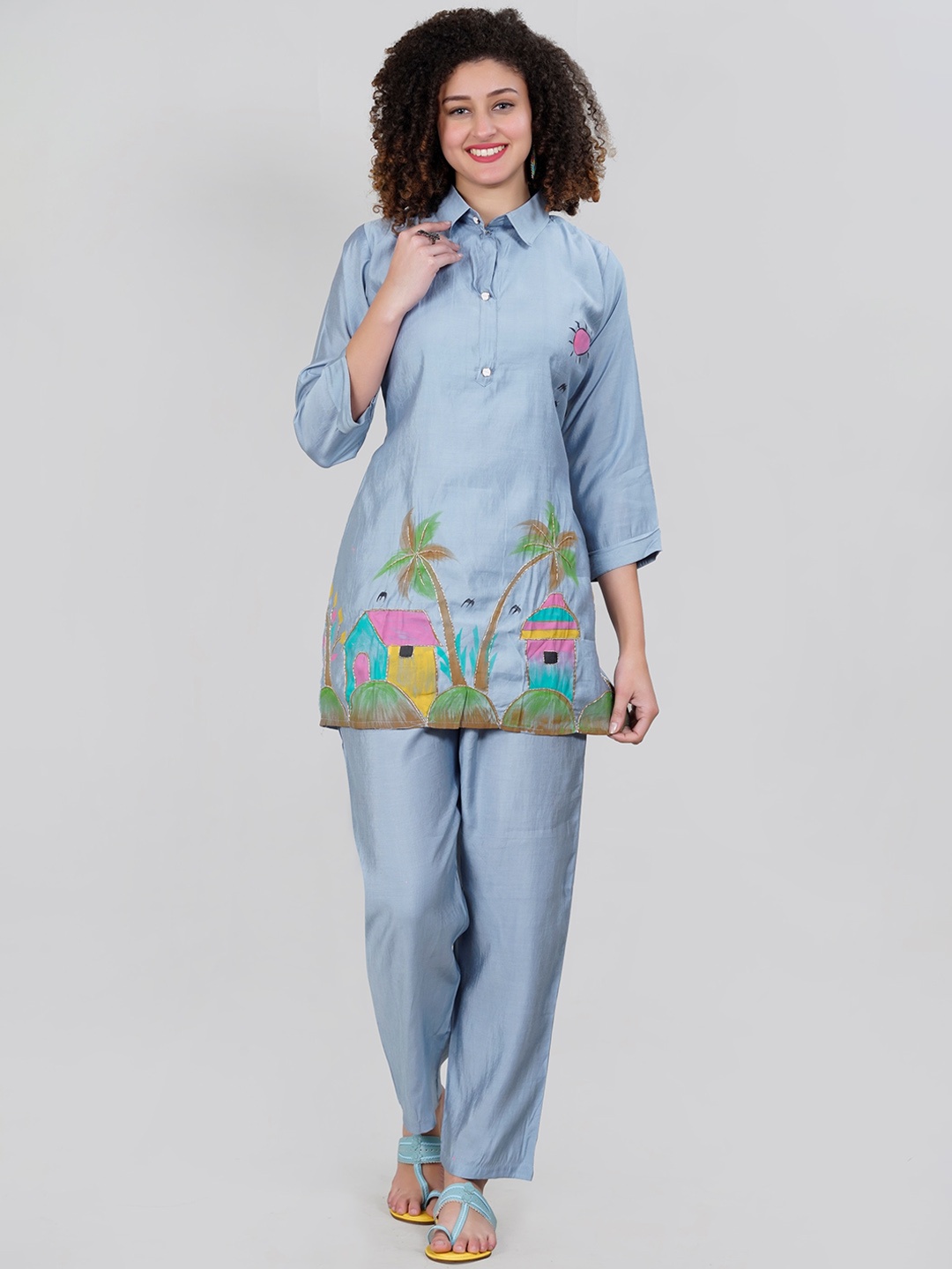 

MEHNAM Vriddhi Printed Shirt Collar Organic Cotton Tunic With Trousers, Blue