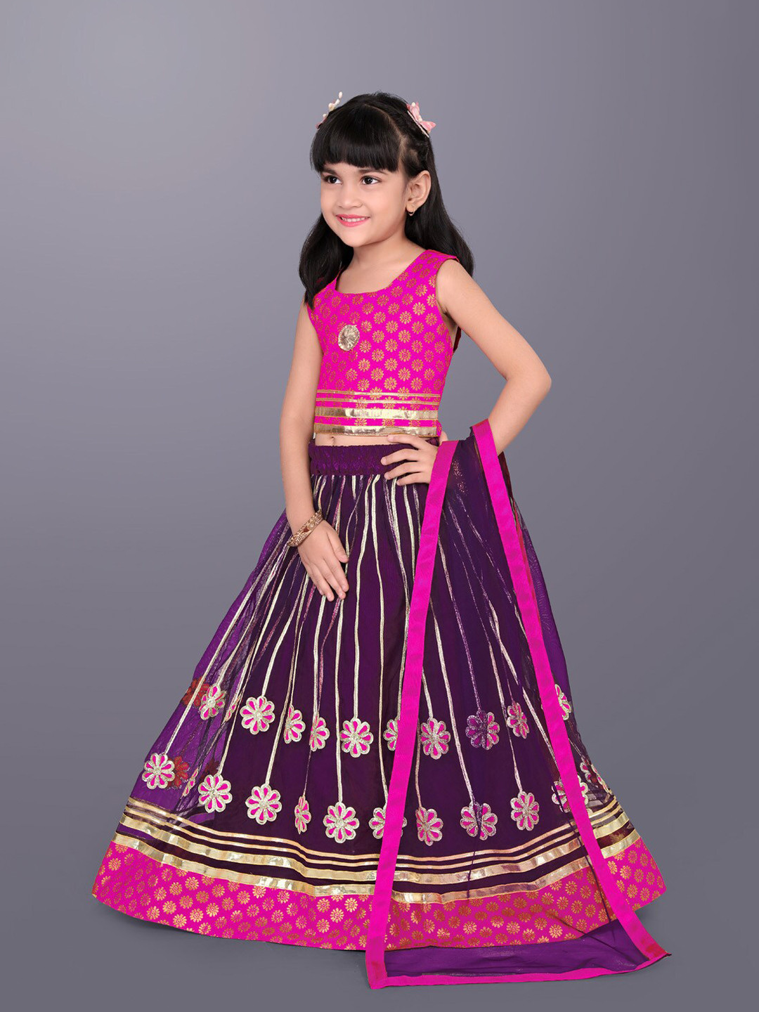 

BAESD Girls Woven Design Gotta Patti Net Ready to Wear Lehenga & Choli With Dupatta, Purple