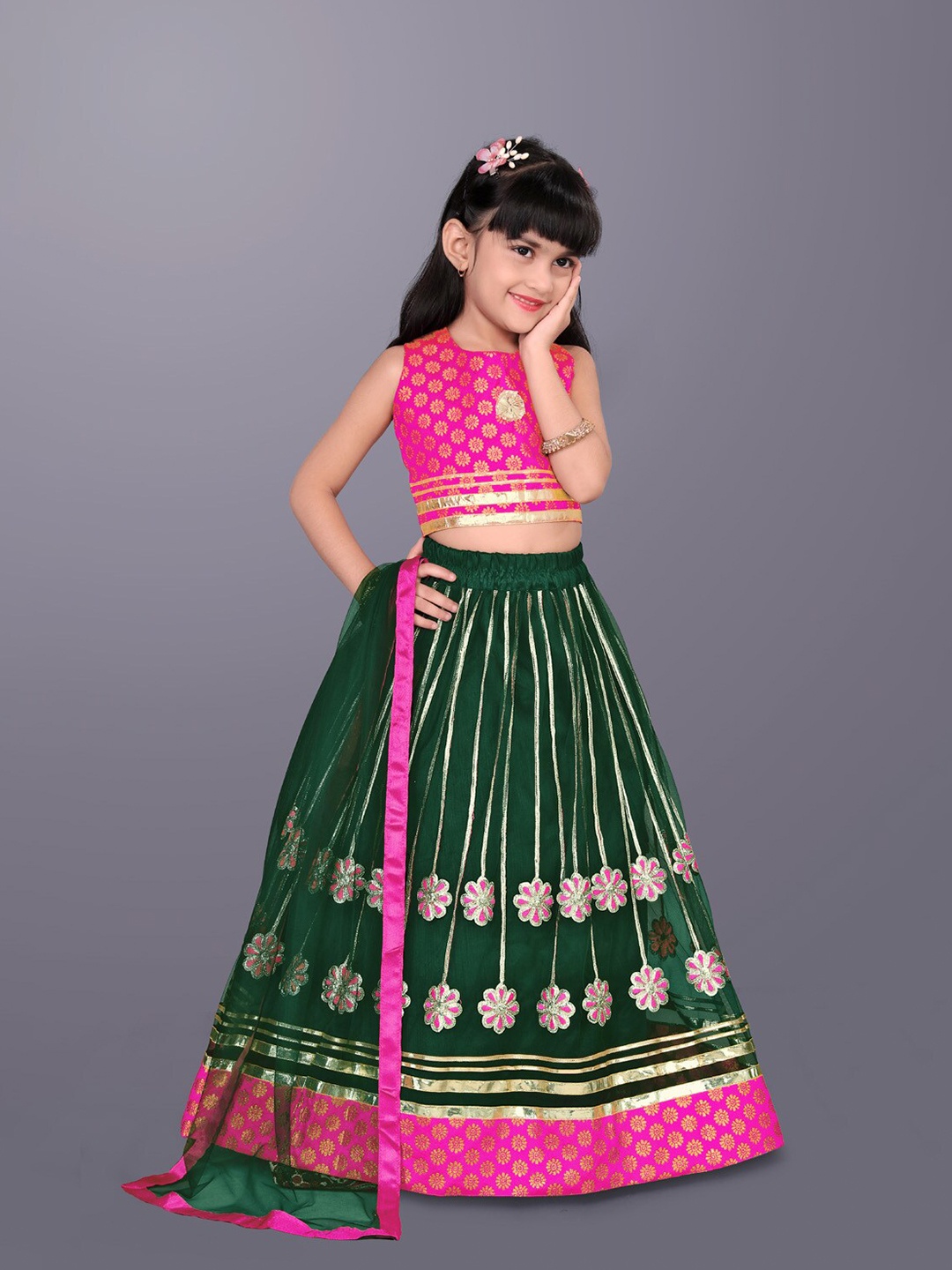 

BAESD Girls Woven Design Gotta Patti Net Ready to Wear Lehenga & Choli With Dupatta, Green