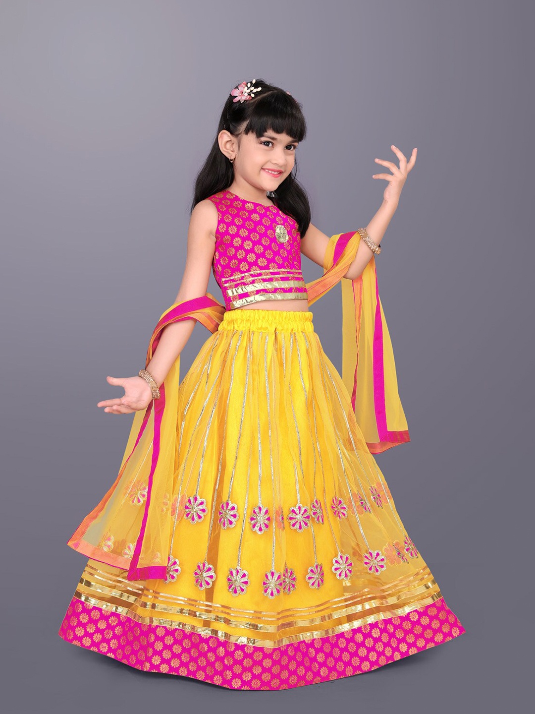 

BAESD Girls Woven Design Gotta Patti Net Ready to Wear Lehenga & Choli With Dupatta, Yellow