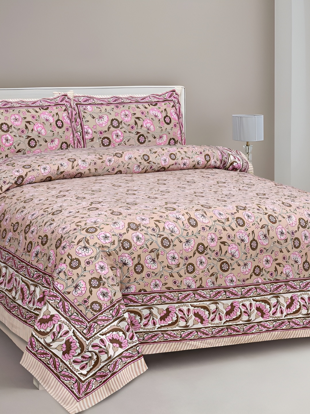 

Aura Pink & Beige Floral 144 TC Cotton King Bedsheet with 2 Pillow Covers