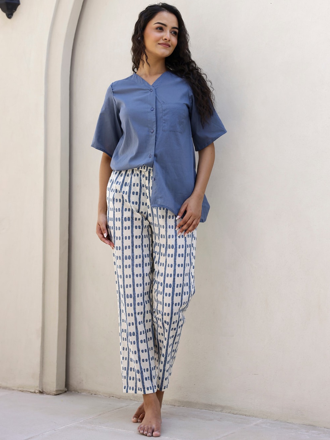 

SANSKRUTIHOMES Printed Pure Cotton Night Suit, Blue