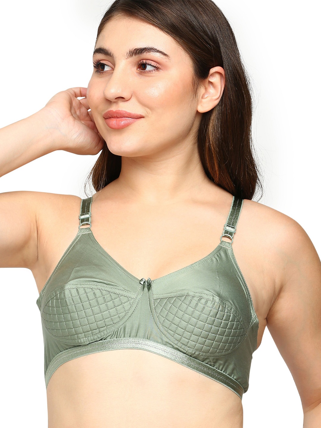 

BLOSSOM Checked Full Coverage Padded Pure Cotton T-shirt Bra With Anti Bacterial, Green