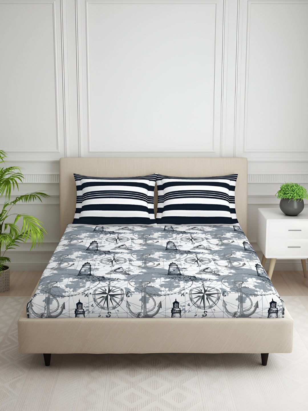

SPACES Grey & White 144 TC Cotton Queen Bedsheet with 2 Pillow Covers