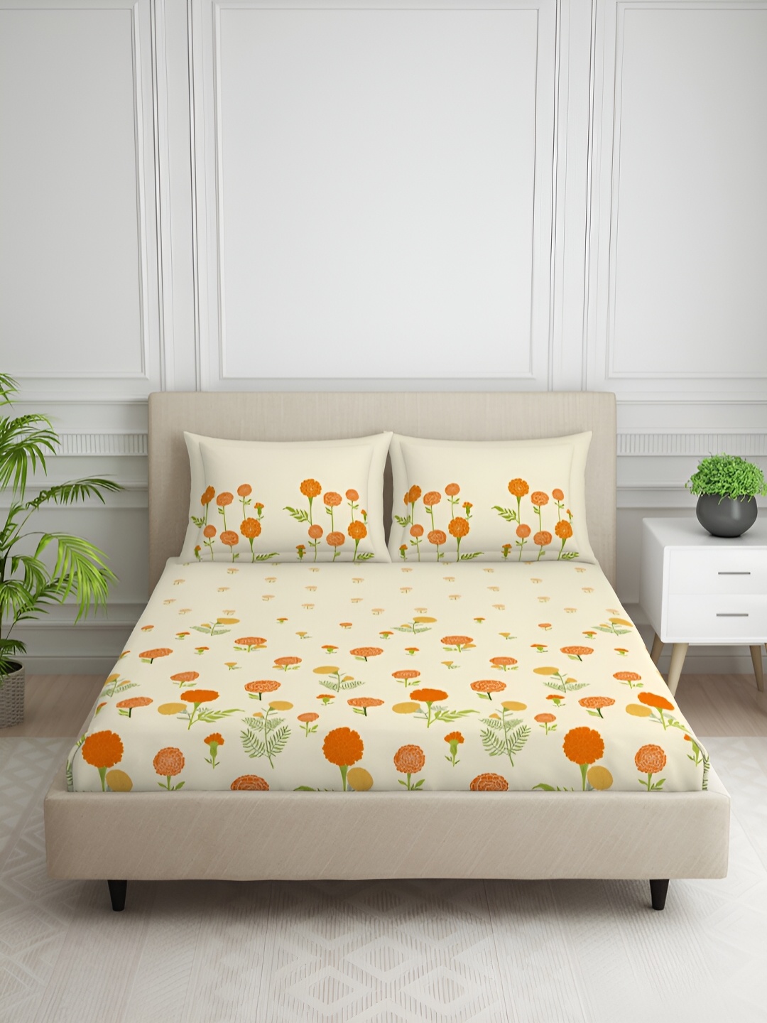 

SPACES Yellow & Orange Floral Cotton 144 TC Queen Bedsheet with 2 Pillow Covers