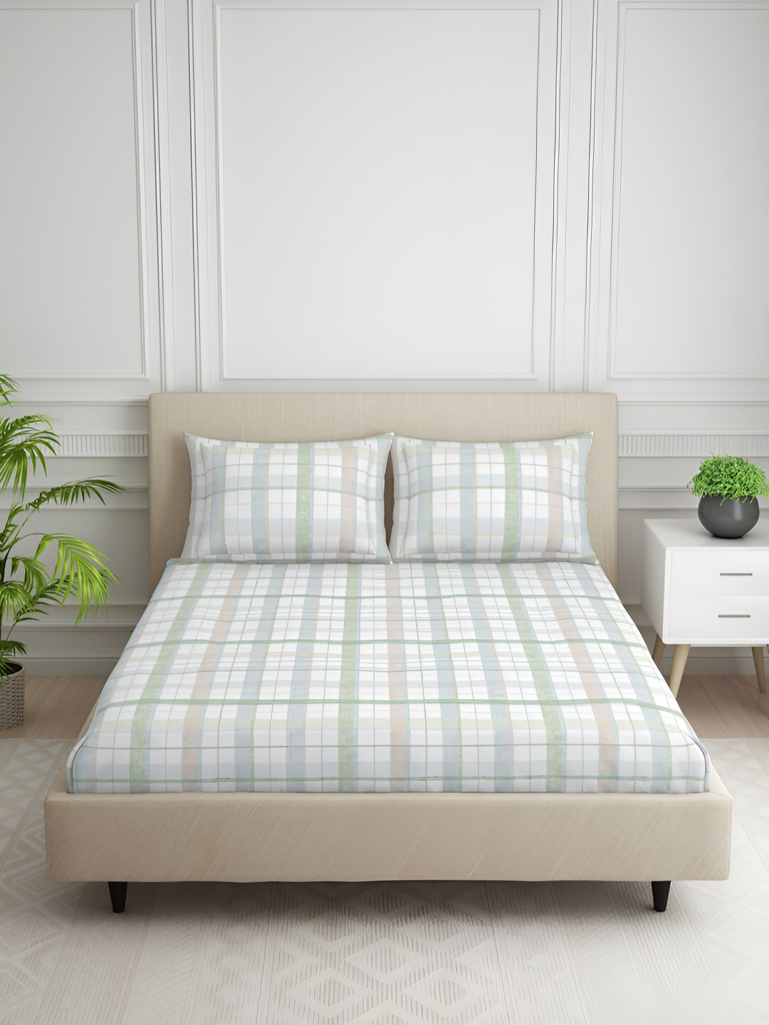 

SPACES Green & White Striped Cotton 144 TC Queen Bedsheet with 2 Pillow Covers