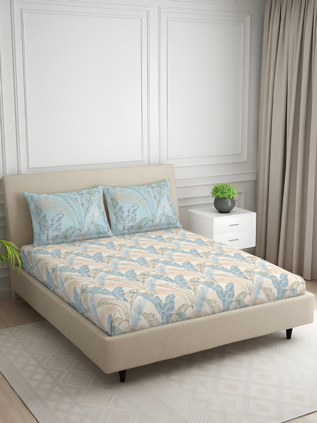 

SPACES Tropica Blue & Grey Floral Cotton 130 TC Queen Bedsheet With 2 Pillow Covers