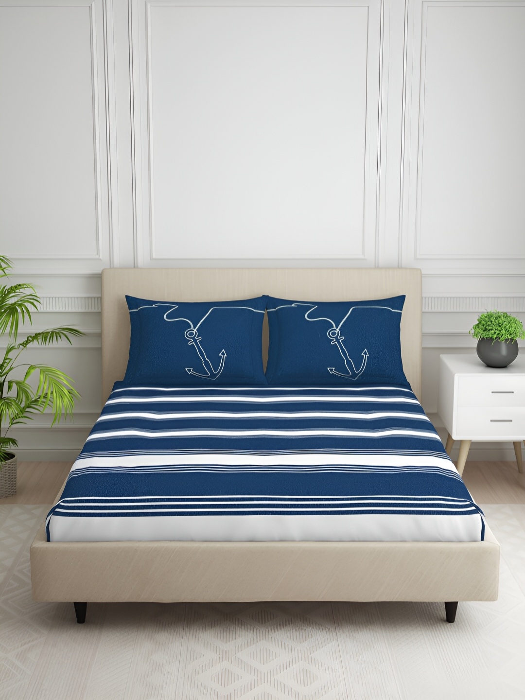 

SPACES Blue & White Striped 144 TC Queen Bedsheet with 2 Pillow Covers