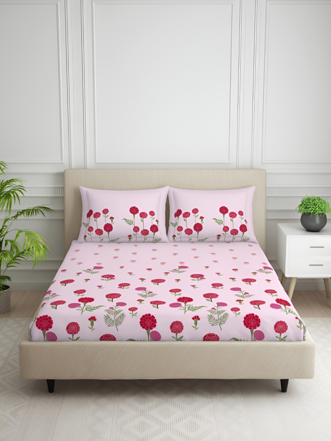 

SPACES Pink & Green Floral Printed 144 TC Queen Bedsheet with 2 Pillow Covers