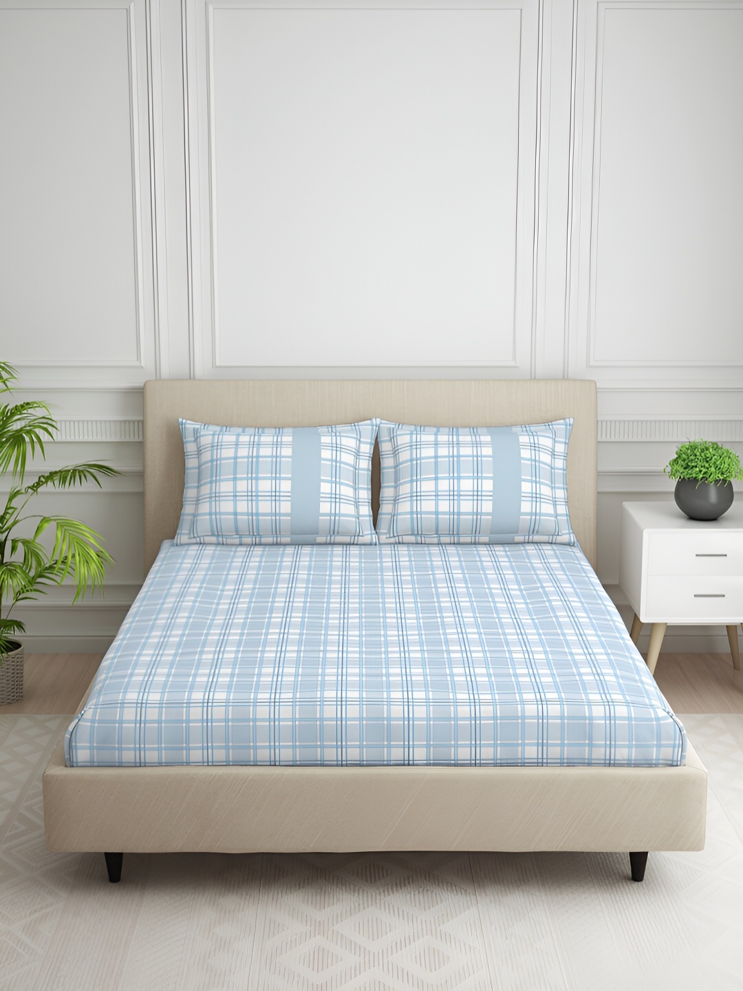 

SPACES Blue & White Striped Cotton 144 TC Queen Bedsheet with 2 Pillow Covers