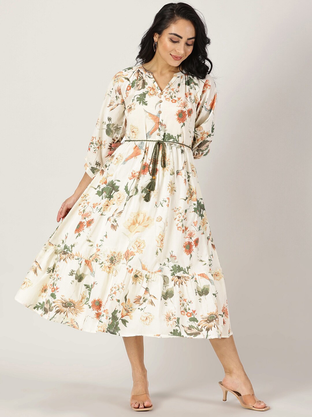 

Saffron Threads Floral Print Fit & Flare Midi Dress, Off white