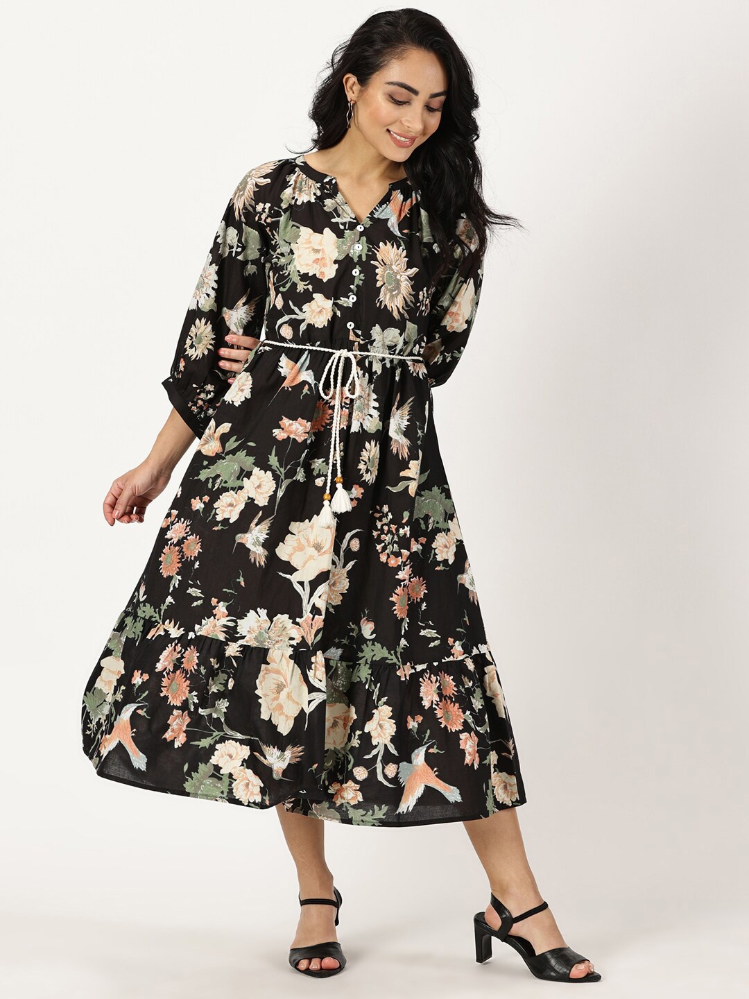 

Saffron Threads Floral Printed Fit & Flare Midi Dress, Black