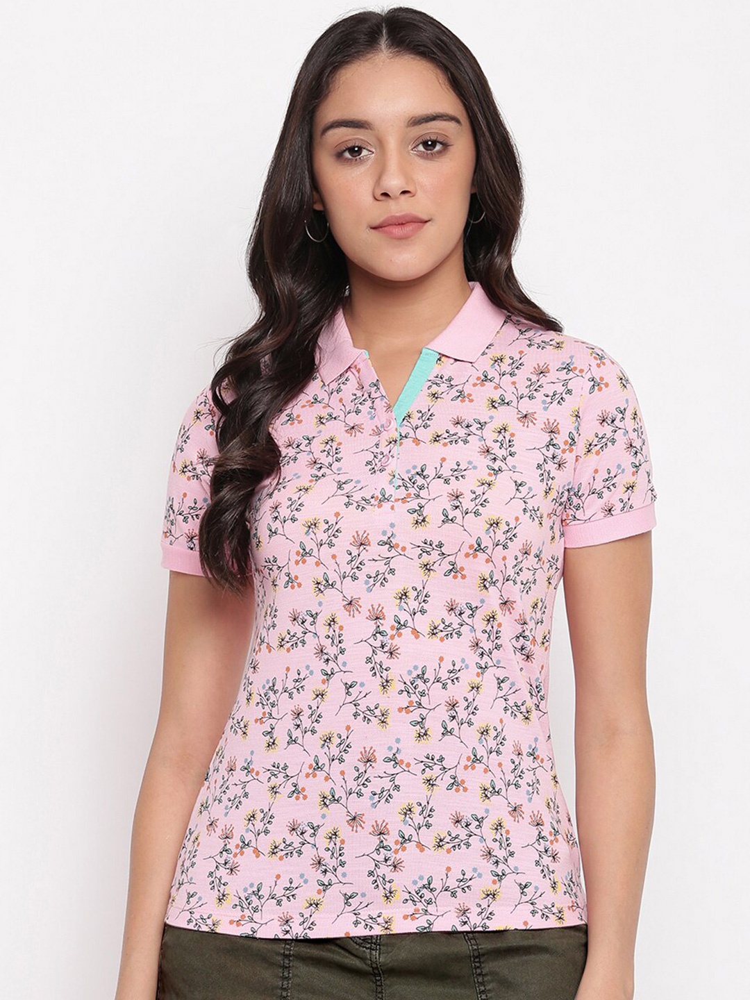 

Miss Grace Floral Printed Polo Collar Short Sleeves Cotton T-shirt, Pink