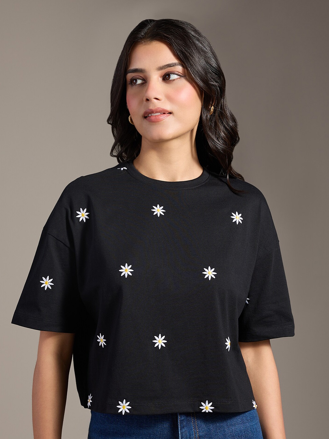

20Dresses Printed Short Sleeves Round Neck Pure Cotton T-shirt, Black