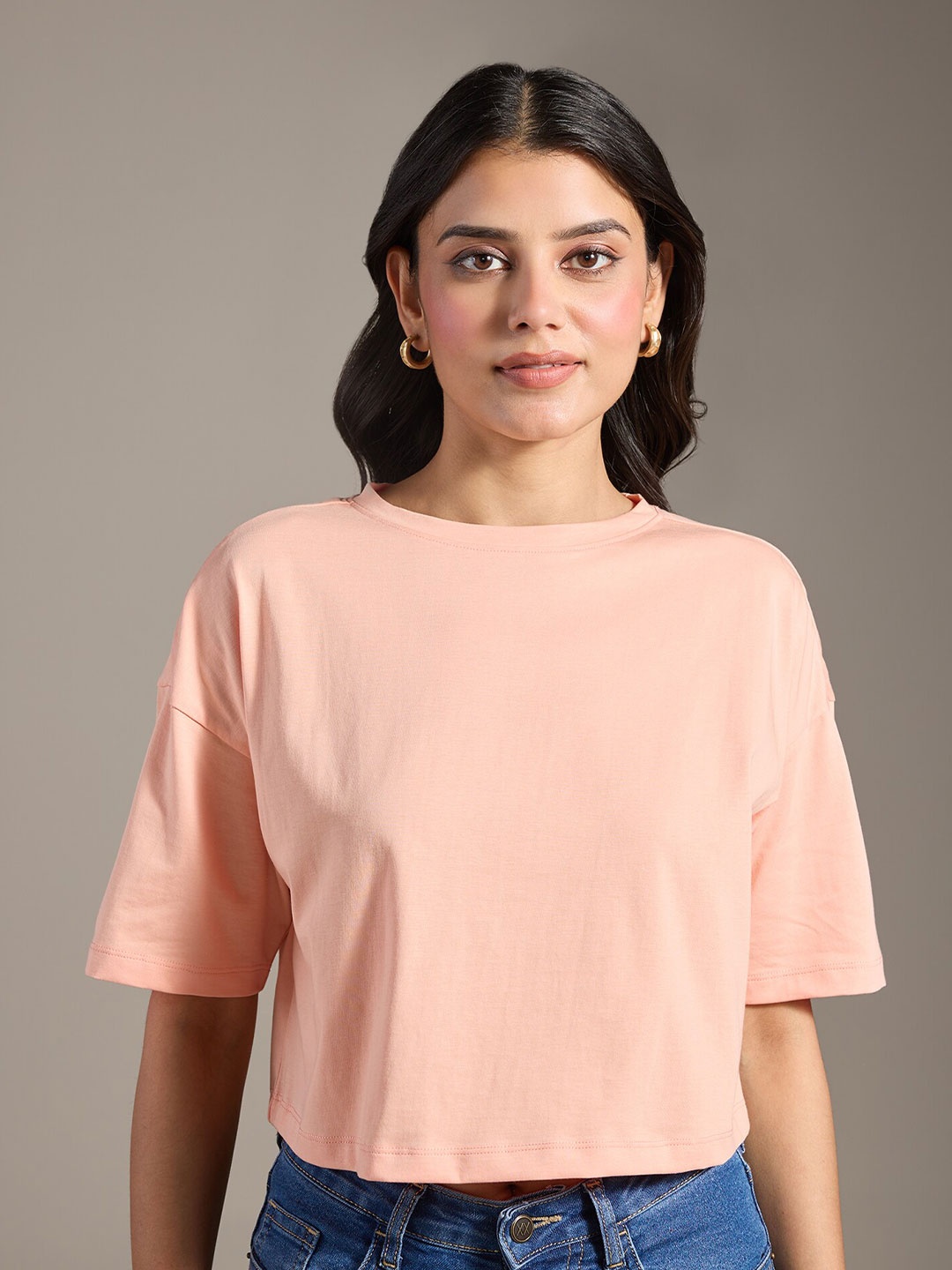 

20Dresses Peach Round Neck Cotton Oversized Crop T-shirt