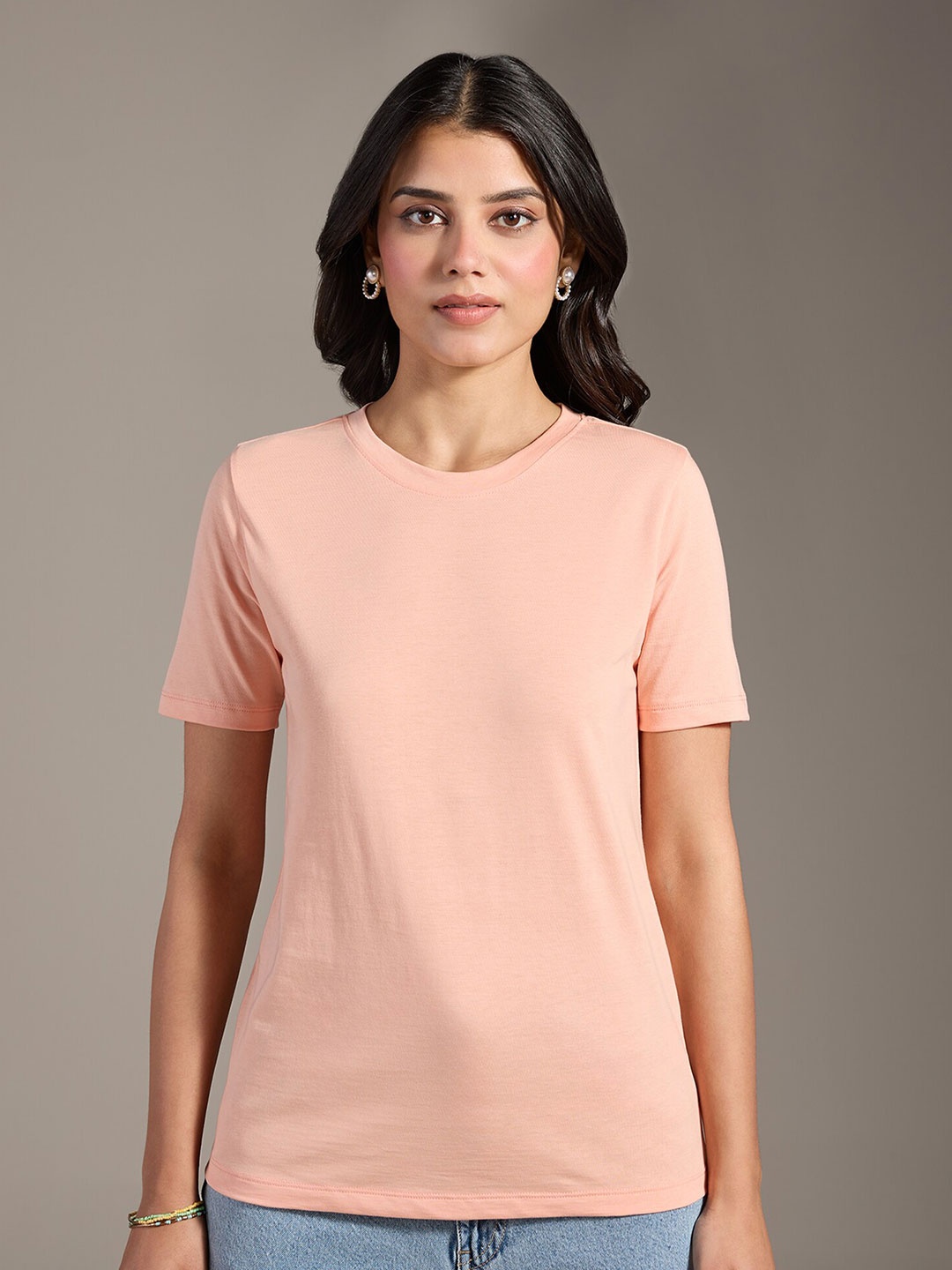 

20Dresses Peach Round Neck Cotton T-shirt