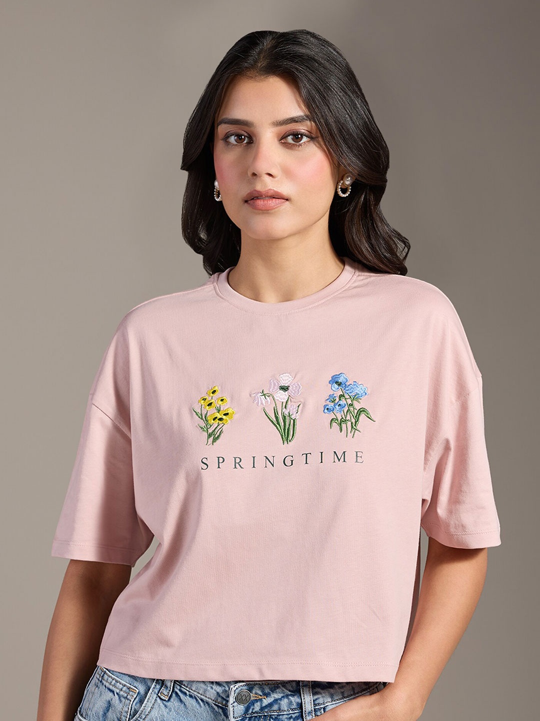 20Dresses Pink Typography Printed Drop-Shoulder Sleeves Cotton Crop T-shirt