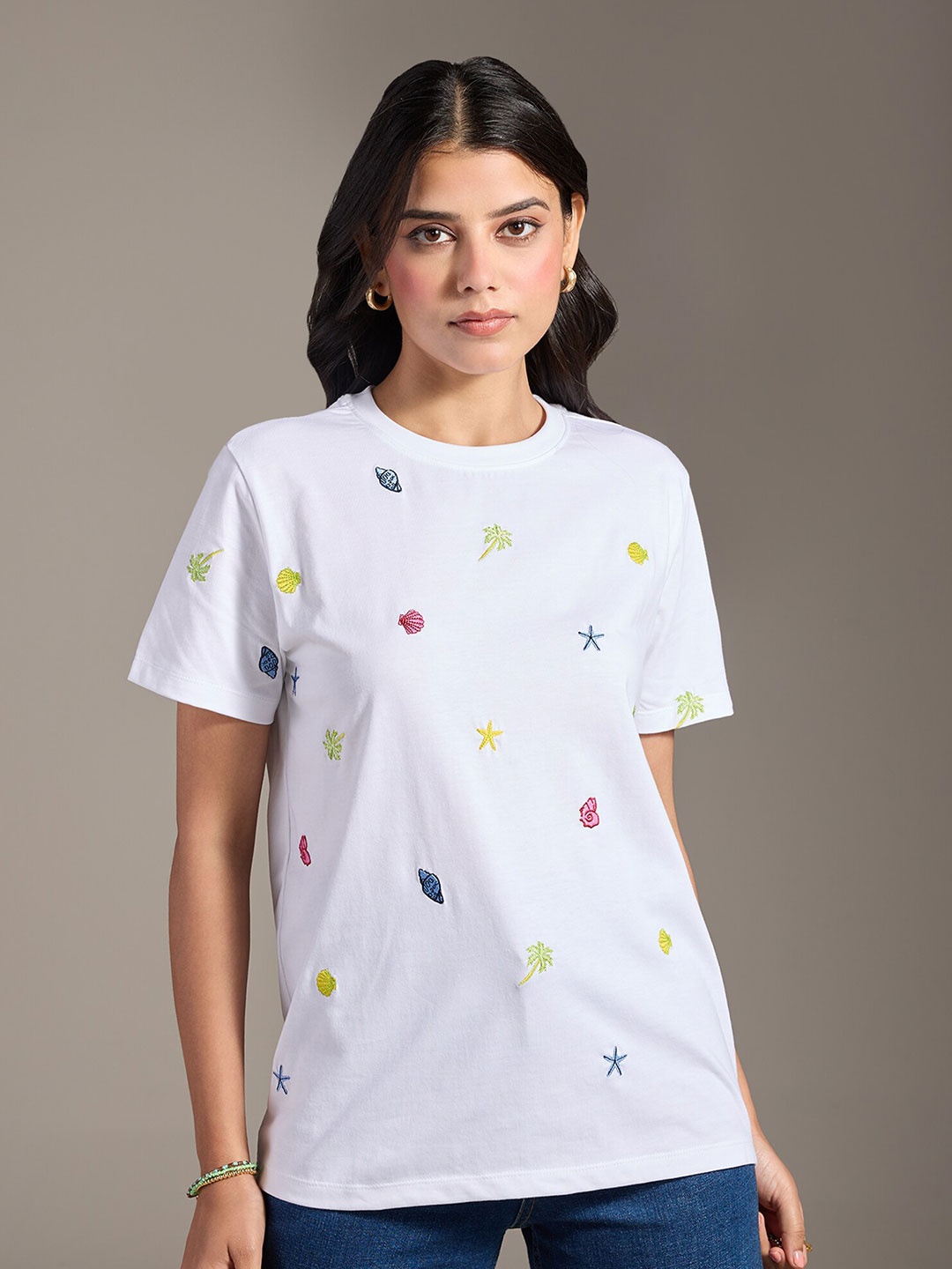 

20Dresses White Conversational Print Round Neck Cotton T-shirt