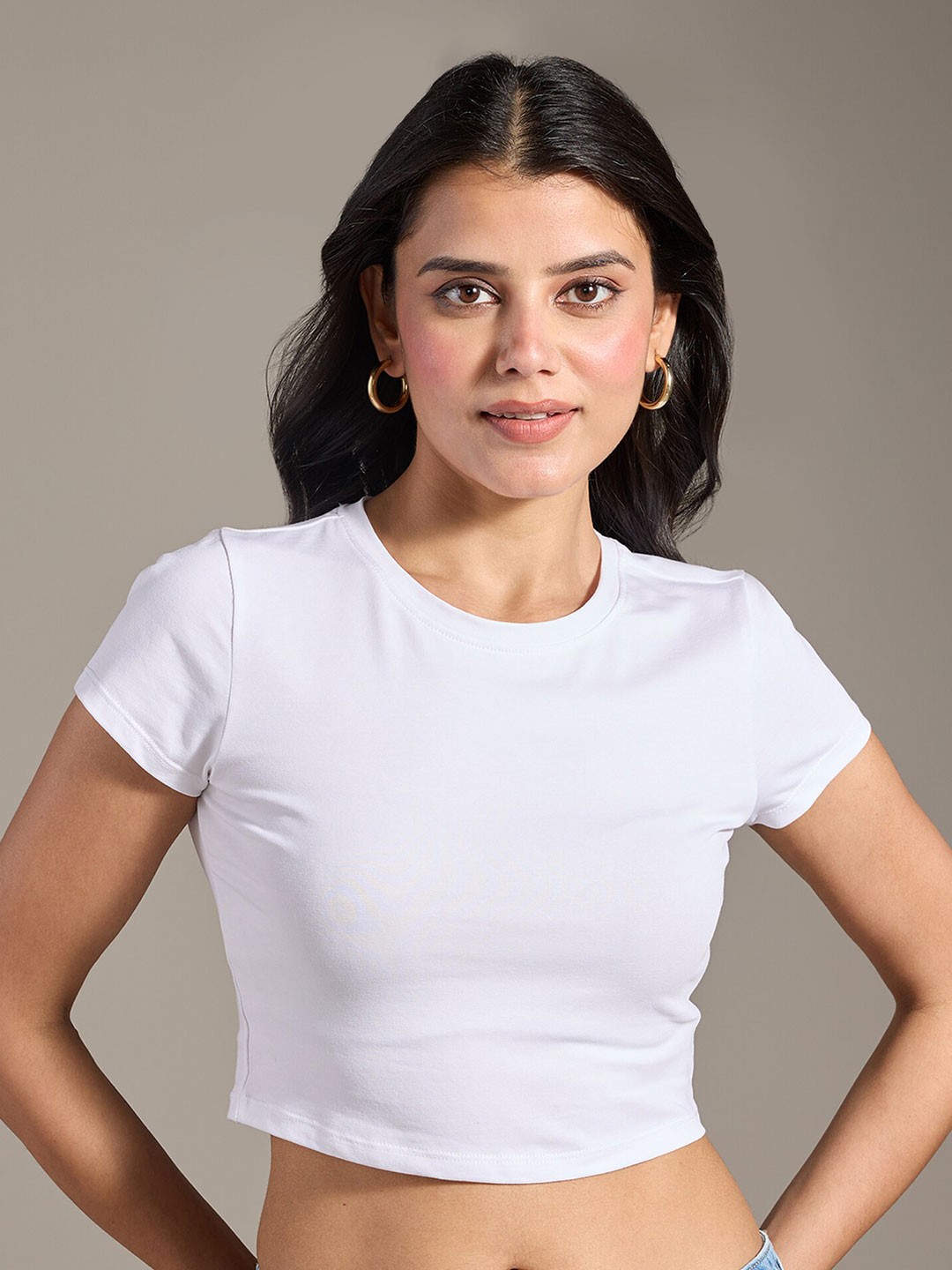 

20Dresses White Round Neck Cotton Crop Tshirt