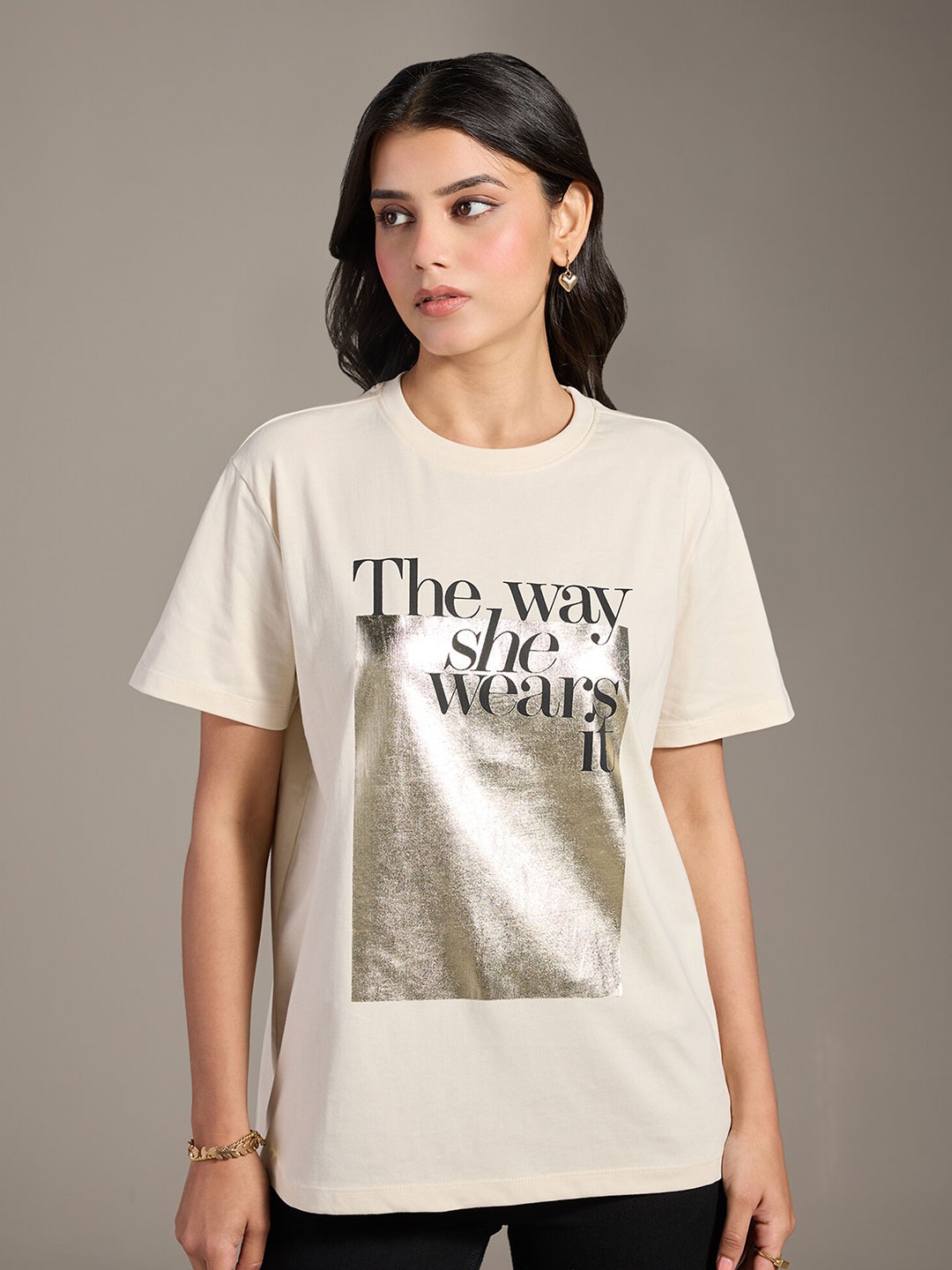 

20Dresses Beige Typography Printed Round Neck Cotton T-shirt