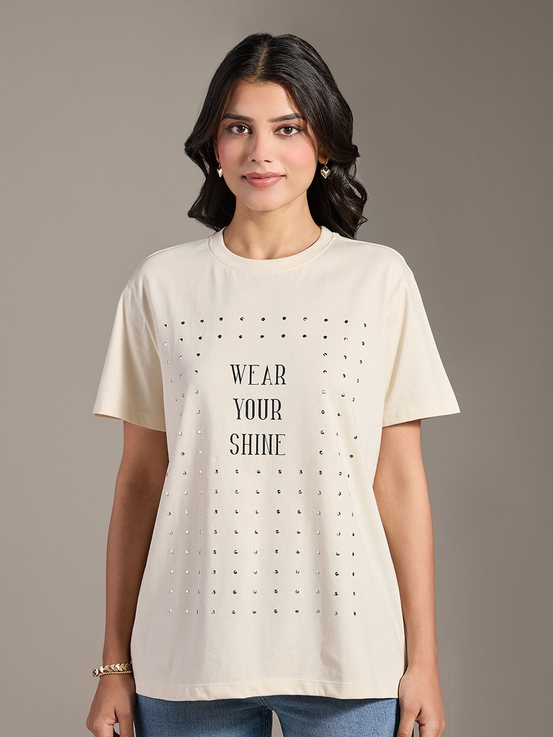 

20Dresses Beige Typography Printed Round Neck Pure Cotton T-shirt