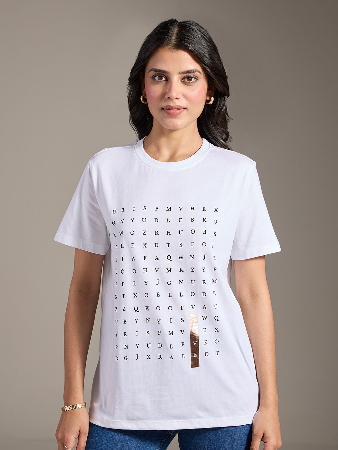 

20Dresses White Typography Printed Round Neck Pure Cotton T-shirt