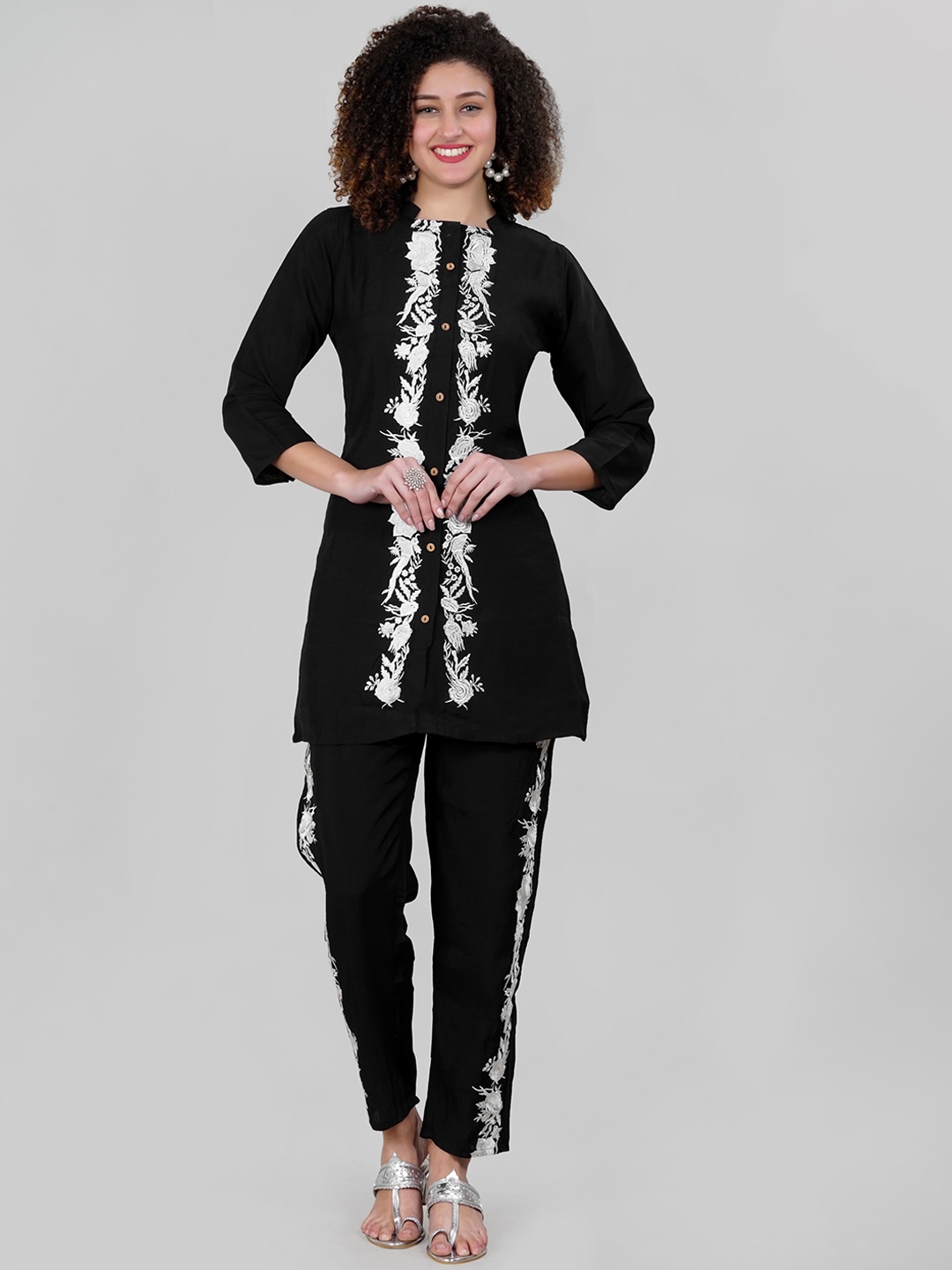 

MEHNAM Vriddhi Embroidered Pure Cotton Top With Trousers Co-Ords, Black