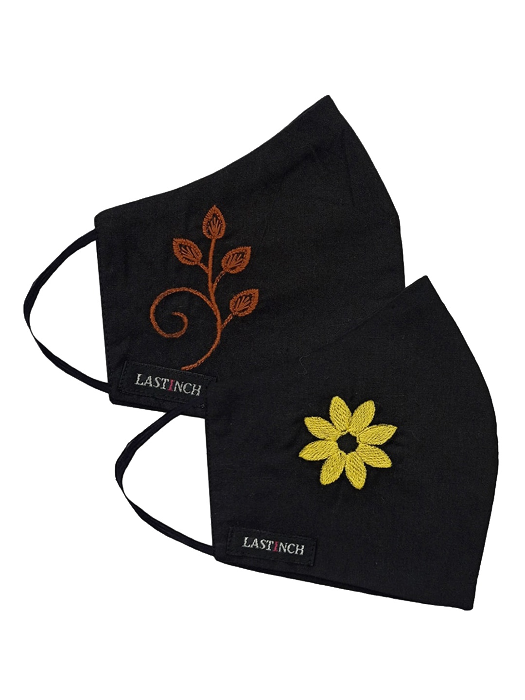 

LastInch Pack Of 2 Just In Bloom Embroidered Organic Cotton Face Mask, Black