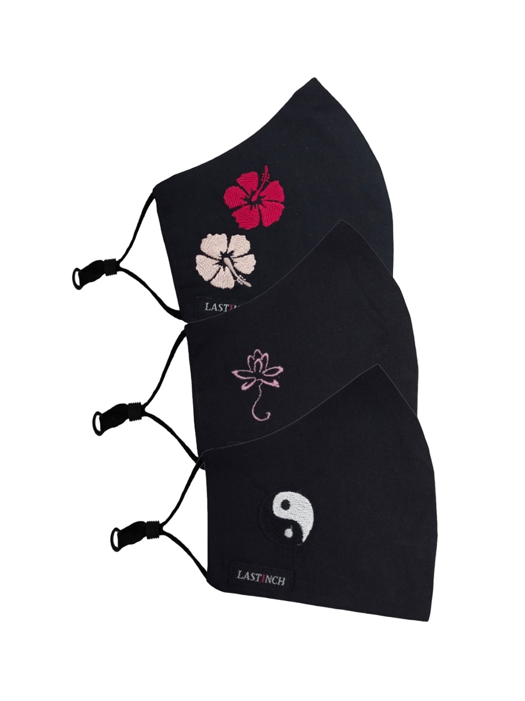 

LastInch Pack Of 3 Floral Embroidered Printed 2-Ply Washable Organic Cotton Outdoor Masks, Black