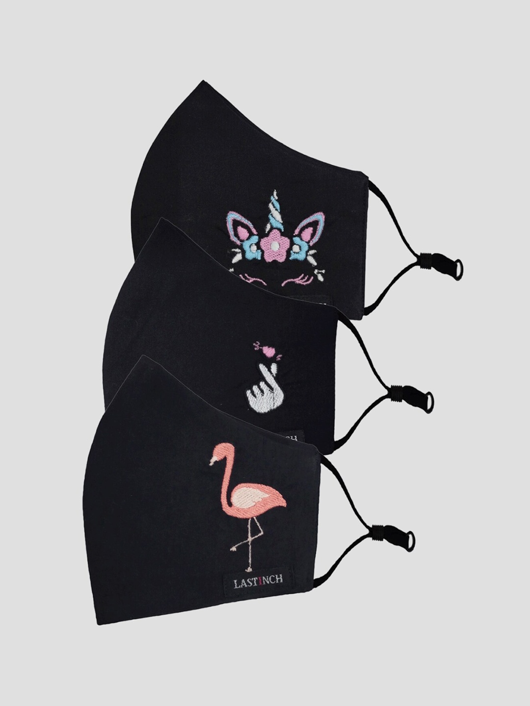 

LastInch Pack Of 3 Magical Embroidered 2-Ply Washable Organic Cotton Outdoor Masks, Black