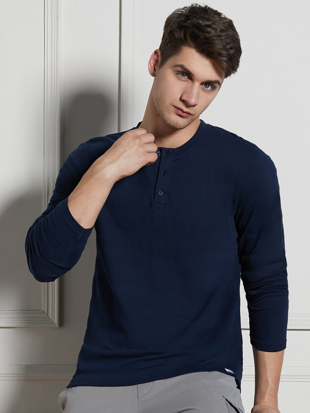 

Dennis Lingo Henley Neck Long Sleeves Cotton Textured T-shirt, Navy blue