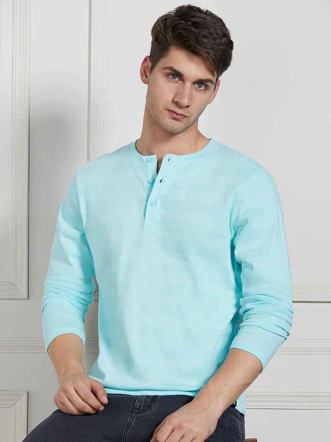 

Dennis Lingo Henley Neck Long Sleeves Cotton Textured T-shirt, Blue