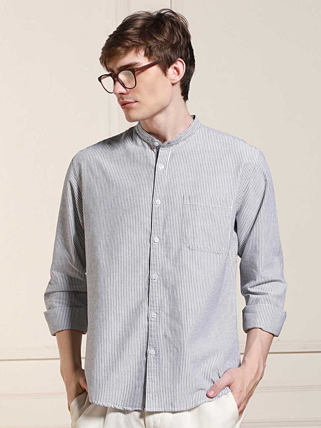 

Dennis Lingo Striped Mandarin Collar Long Sleeves Cotton Casual Shirt, Grey