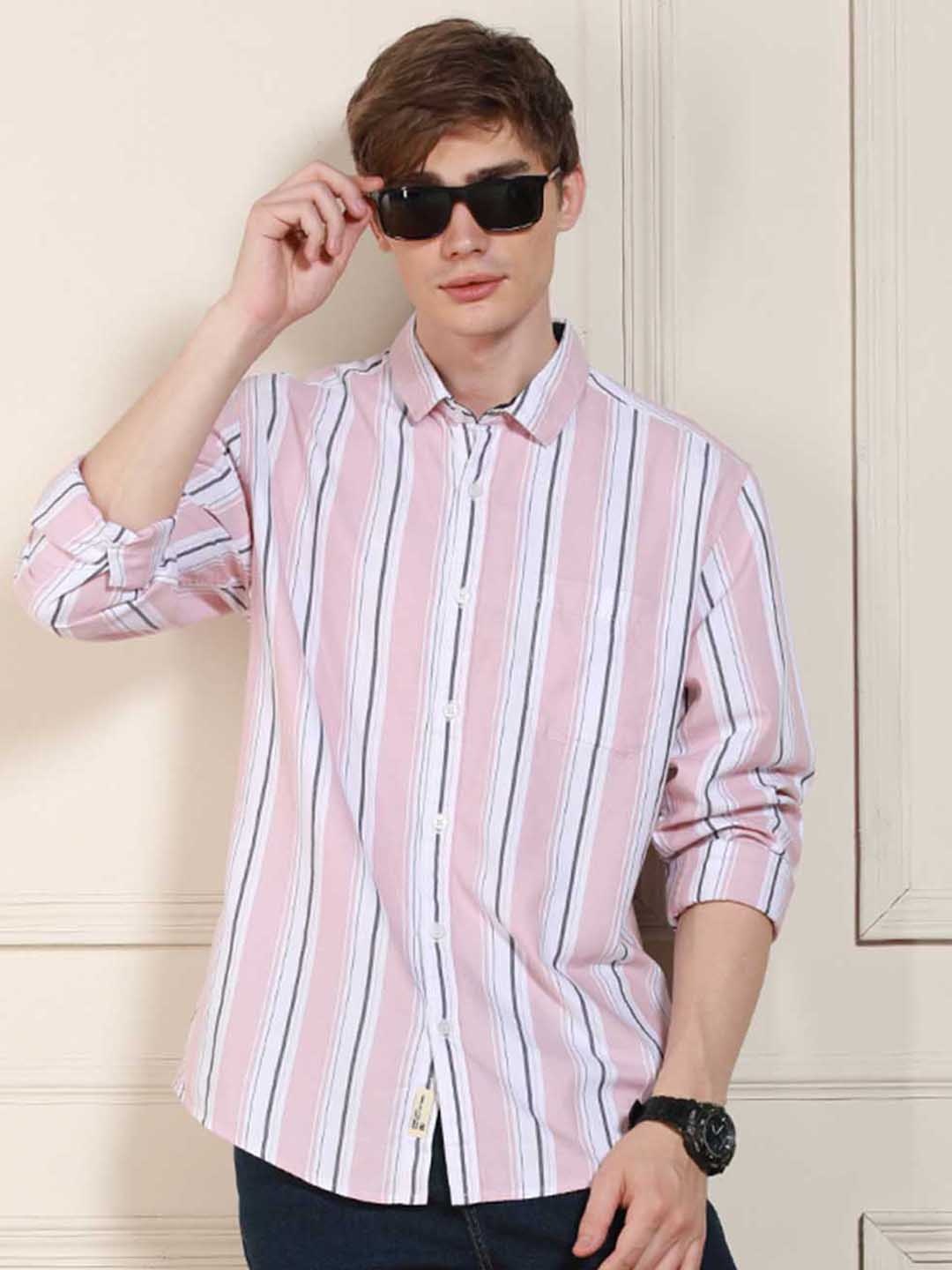 

Dennis Lingo Striped Spread Collar Long Sleeves Cotton Casual Shirt, Pink