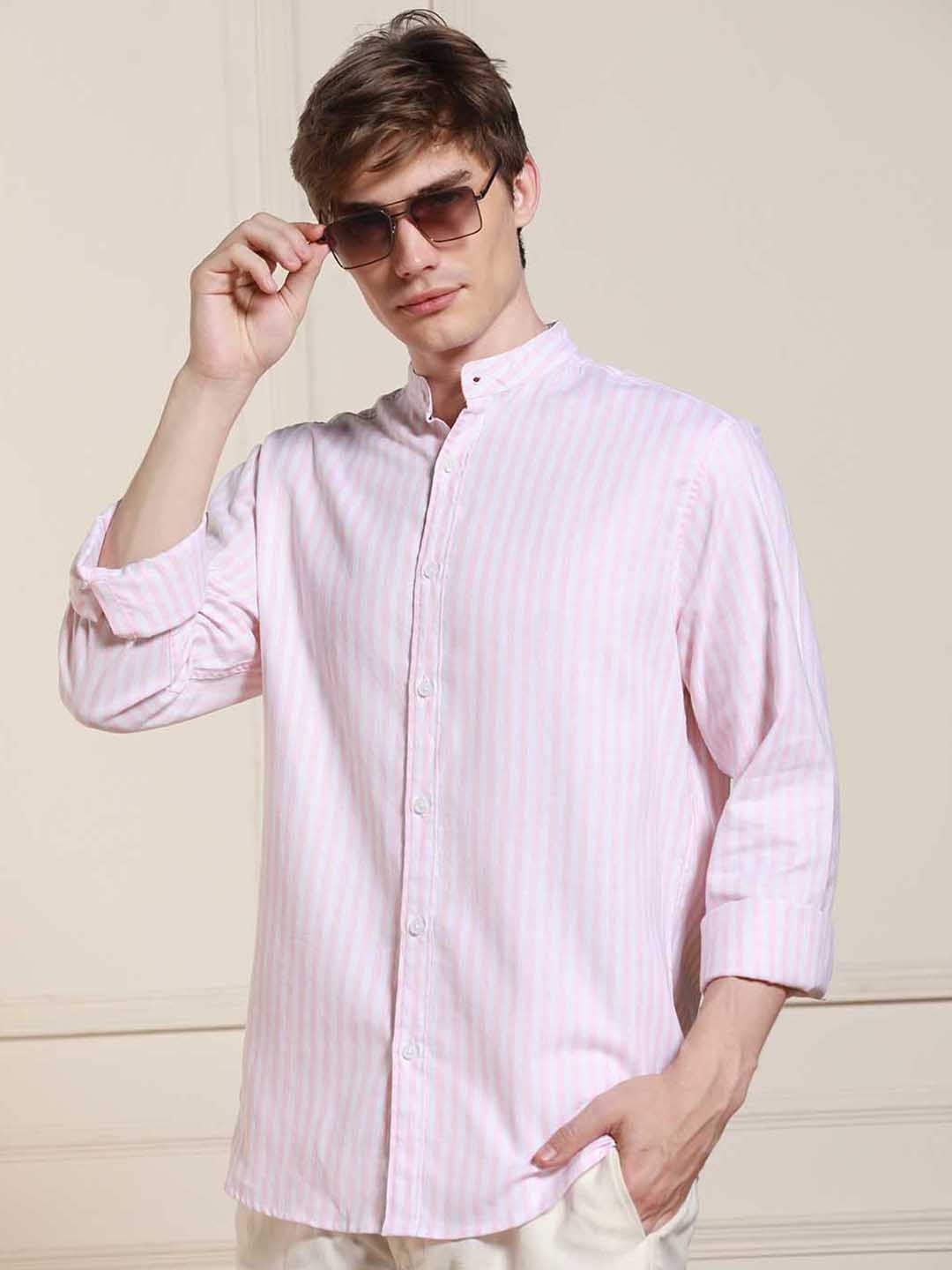 

Dennis Lingo Striped Mandarin Collar Long Sleeves Cotton Casual Shirt, Pink