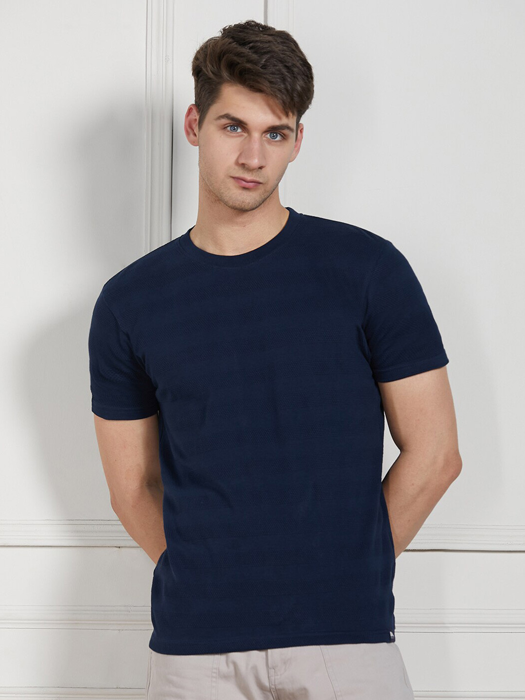 

Dennis Lingo Round Neck Cotton Regular Fit Textured T-shirt, Blue