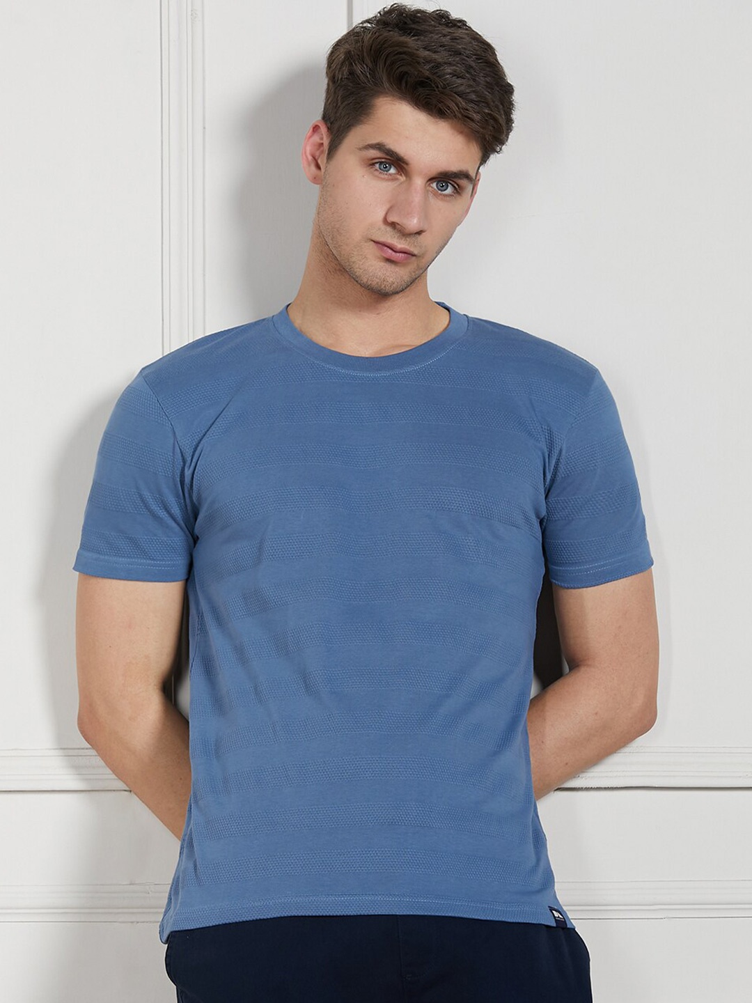 

Dennis Lingo Round Neck Cotton Regular Fit Textured T-shirt, Navy blue