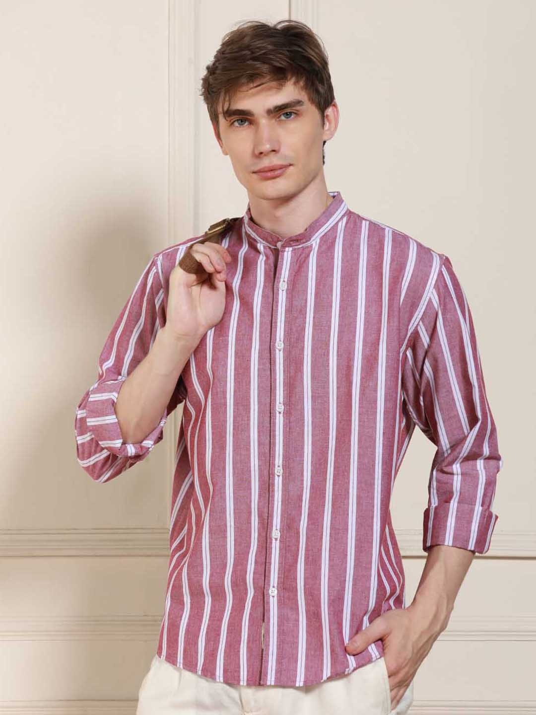 

Dennis Lingo Striped Mandarin Collar Opaque Cotton Casual Shirt, Red