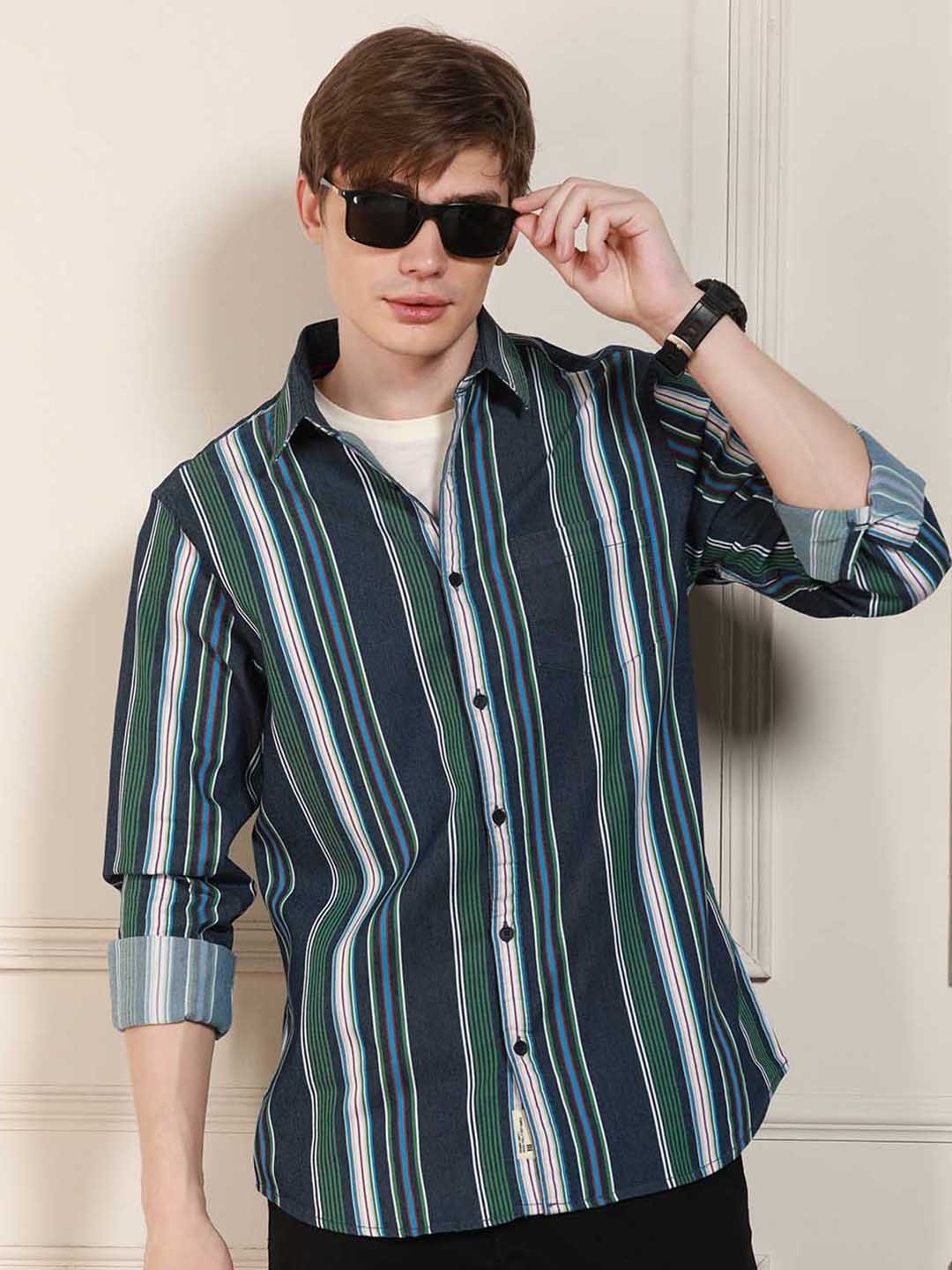 

Dennis Lingo Striped Spread Collar Opaque Cotton Casual Shirt, Navy blue