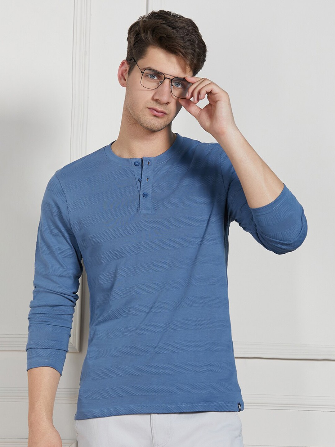 

Dennis Lingo Henley Neck Long Sleeves Cotton Textured T-shirt, Blue