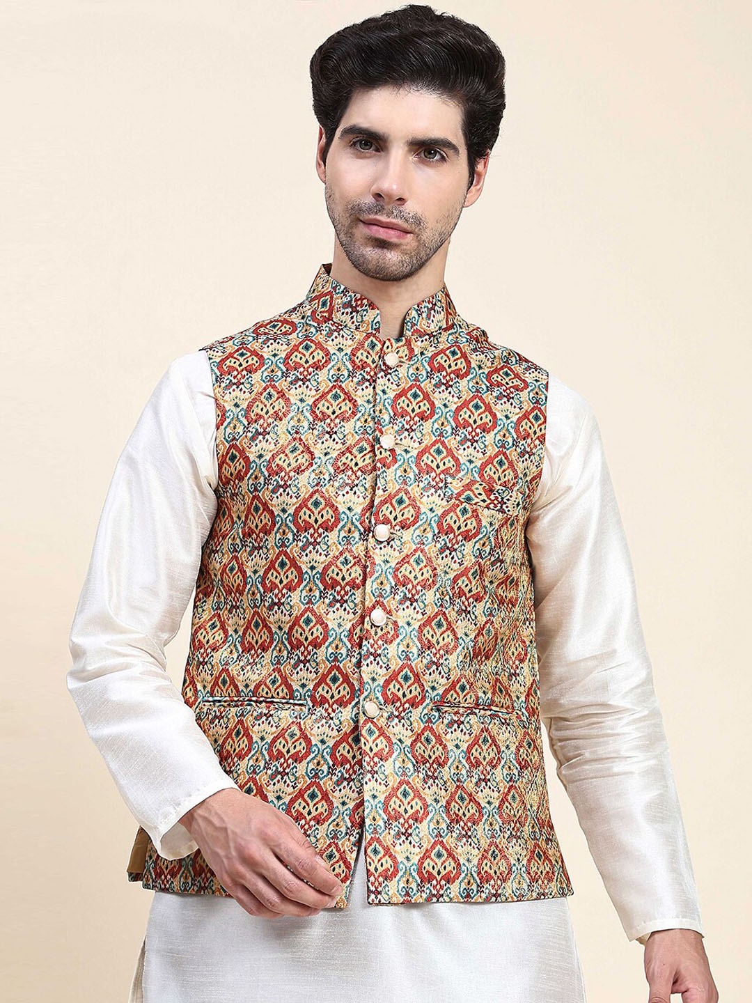 

Aanys Culture Printed Mandarin Collar Nehru Jacket, Yellow