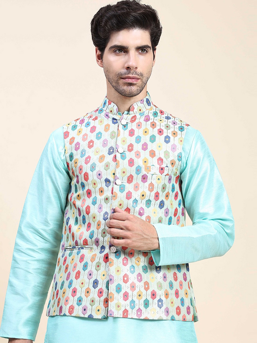 

Aanys Culture Woven Design Mandarin Collar Nehru Jacket, Green